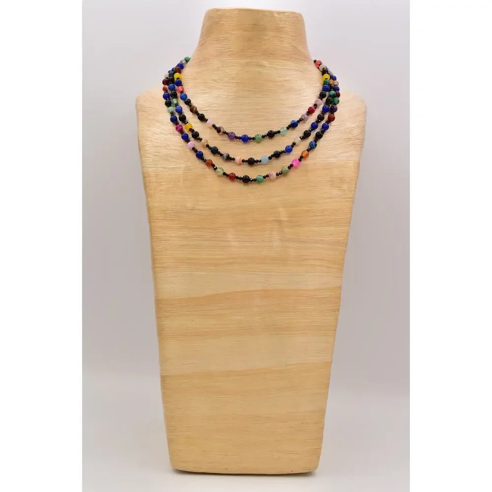Vintage Multi-Strand Colorful Glass Cabochon Beaded Necklace Crystal 1980s BinAU